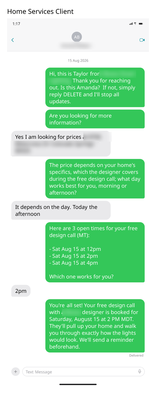 A real text thread: a new lead asks for prices and books a design call for the same afternoon.