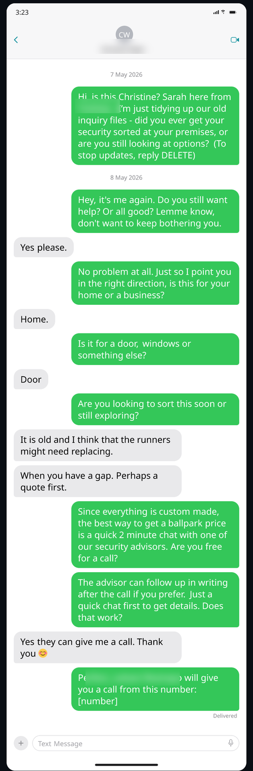 A real text thread: an old inquiry is woken up and handed to an advisor for a call.