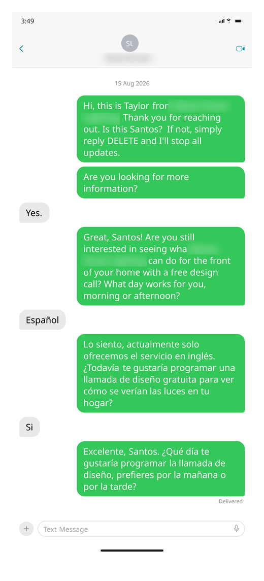 A real text thread where the customer switches to Spanish and the conversation continues in Spanish.